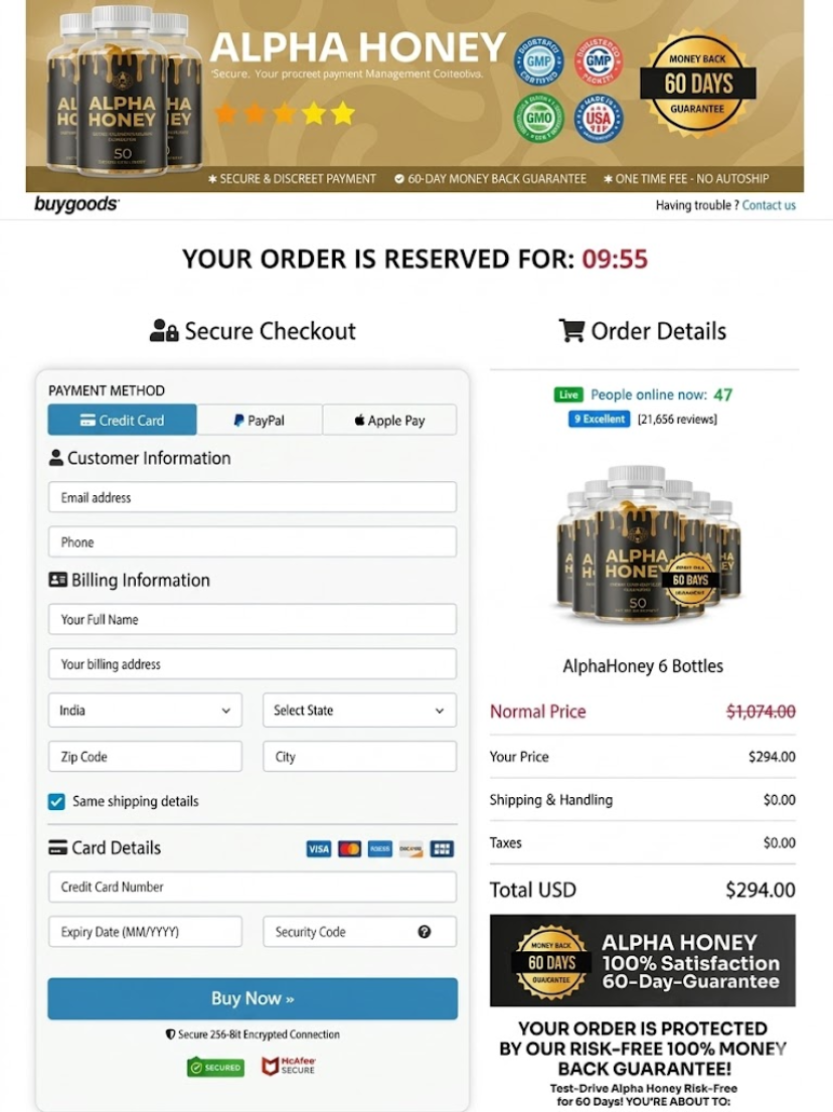 Secure checkout page for Alpha Honey online order